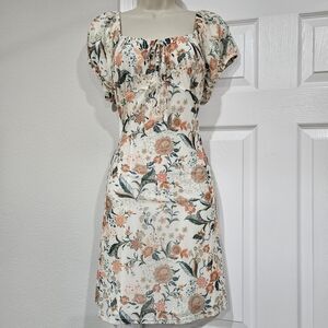 SO Floral Puff Sleeve Mini Dress - Cream and Orange